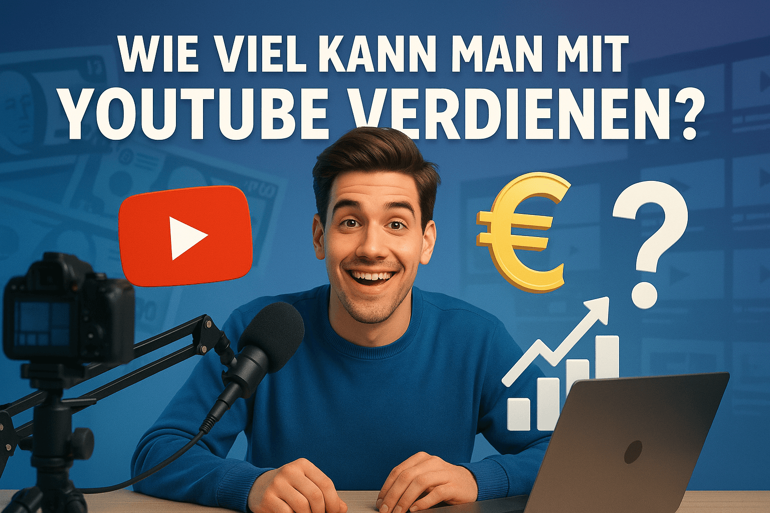 YouTube Creator sitzt vor Analytics und Monetarisierungs-Dashboard